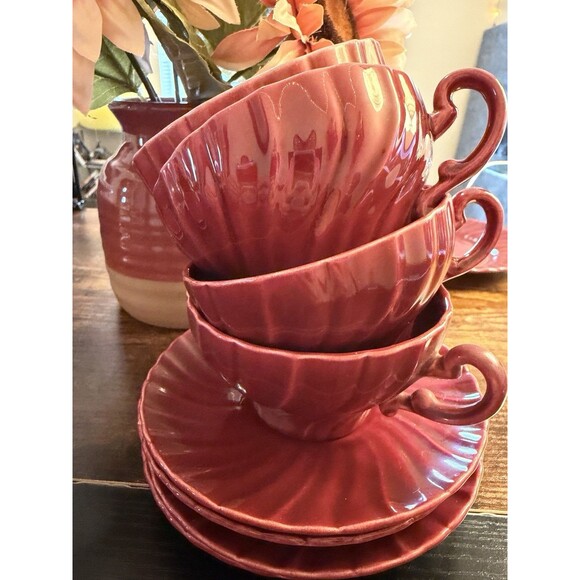Franciscan Other - Franciscan Coronado Tea Cup and Saucer Swirl Burgundy Maroon Glossy Set of 4 VTG